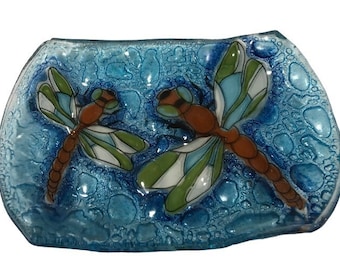 Handmade Fused Glass Soap Dish Dragonflies Dragonfly
