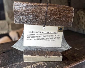 Handmade Made in Alaska Natural Moose Hearty Antler Forced Damascus Ulu Knife Antler Stand