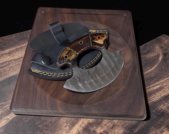 Traditional Handmade in USA Wood Blk Walnut Ulu Knife Cutting Chopping Bowl/Board 8.5" X 9" Medium  Knife,  Damascus Blade Sheath
