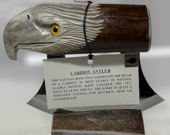 Handmade Made in Alaska Natural Caribou Antler Carved Eagle Ulu Knife a Beauty