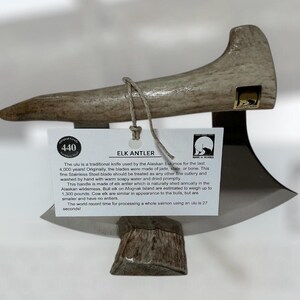 Handgefertigt Made in Alaska Natürlicher Schuppen Elch Geweih Spitze Tine Ulu Messer Story Karte Signiert Unikat