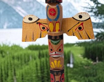 Totem Pole Wood 1960’s Ketchican Alaska Rare 10.5” Painted