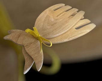 Whale Tail Shape Wood Salad Pasta Servers Tosser Pair Lightweight Salad Server Pair 8" x 4"