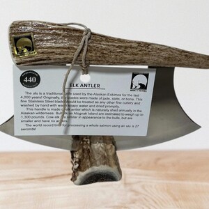 Handgefertigt Made in Alaska Natural Shed Elch Geweih Spitze Tine Ulu Messer Story Karte signiert