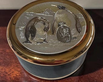 Vintage Chokin Art  Penguin 4" Round Box Black Porcelain NIB