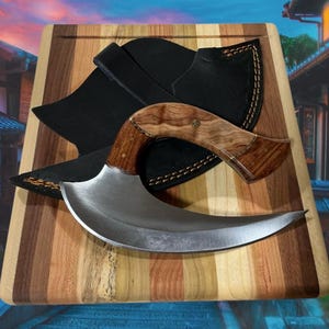 Cuchillo Ulu ergonómico delgado de acero inoxidable, de madera de dos tonos, hecho a mano, con funda y tabla
