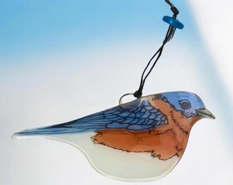 Handmade Fused Glass Blue Bird ornament suncatcher Bluebird