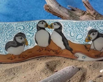 Handmade Fused Glass Wavy Glass Figure Puffins Puffin Bird 8"