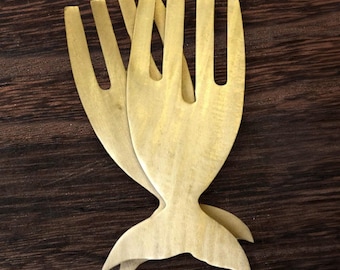 Whale Tail Shape Wood Salad Pasta Servers Tosser Pair Handmade Lightweight Salad Server Pair 8" x 4"