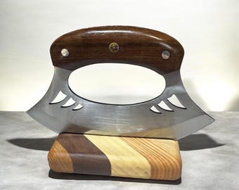 Handmade Wood Ulu Ergonomic Stainless Steel Cut Outs Knife 6”, Sheath American Walnut Wood Block Stand Set Oil Quenched