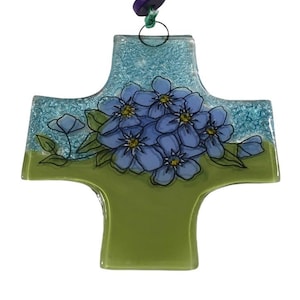 Handgemachte Fusing Glass Kreuz Ornament Sonnenfänger Vergissmeinnicht Blume Cluster