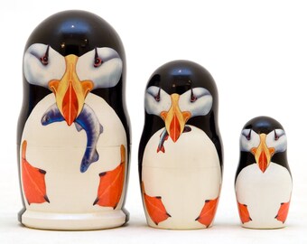 Handmade Handpainted Puffin Nesting Doll  3pc   Tallest 3.5"   100% Natural Linden Wood