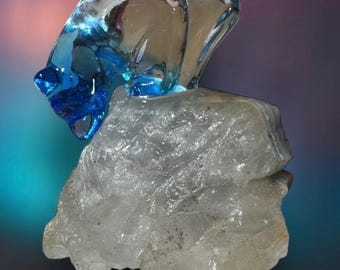 Handmade Glacier Glass Fishing Polar Bear Mounted on A Geod Figurine