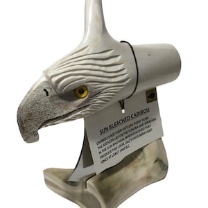 Handmade Made in Alaska Polished Caribou Antler Carved Eagle Ulu Knife with Tine Large with Story Card