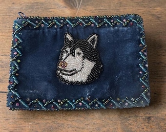 Vintage Handmade Stunning Beaded Velvet Artisan Coin Purse Beaded Husky Dog  - Dark turquoise