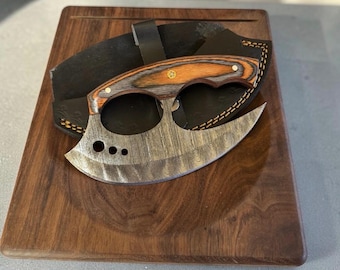 Ergonomical Handgrip Knife  Ulu Knife Cutting Black Walnut Chopping Bowl/Board 8.5" X 9" Wood handle Damascus Knife, Sheath Set