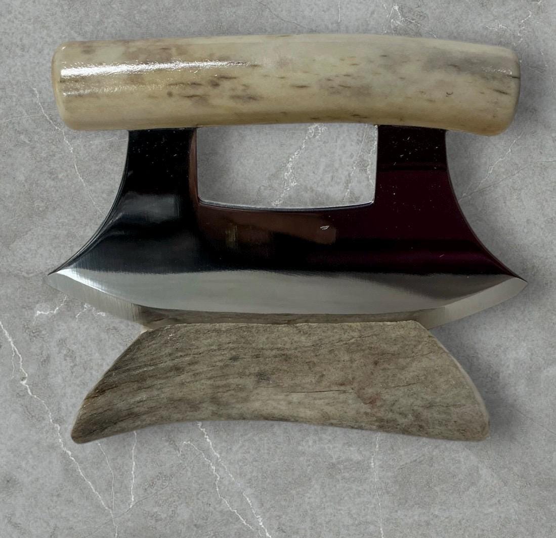 Handmade Made in Alaska Natural Petite Unique  Markings Caribou Antler Natural Coloring Ulu Knife Antler Base