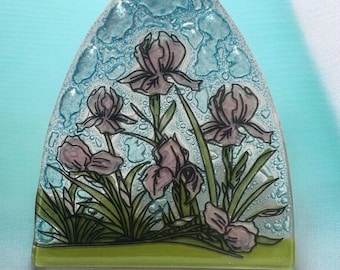 Handmade Fused Glass Night Light  Floral Iris flowers