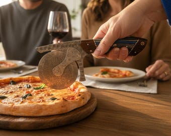 Legendary Gears Pizza Cutter Wheel Culinary Sturdy Wood Handle Luxury Unique Gift Spine File Work Damascus Blade