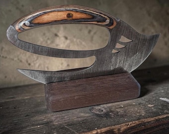 Ergonomic Damascus Ulu Knife Knife Sheath Walnut Wooden Stand Hand forged. 6.25”  Claw Cut out Unique