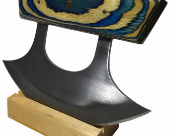 Handcrafted  Exotic Blue & Tan Colored stainless Blade Ulu Knife And Leather Sheath Wooden Stand