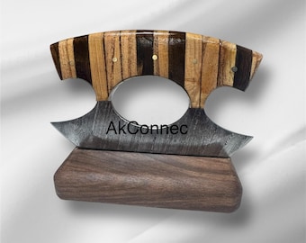 Handmade Multi wood Handle  Medium 5” Damascus Ulu Knife Leather Sheath