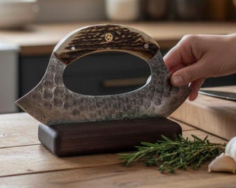 Handmade Antler Ulu Ergonomic Damascus Knife 6”, Sheath American Walnut Wood Block Stand Set Oil Quenched