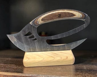 Ergonomic Damascus Ulu Knife Knife Sheath Birch Wooden Stand Hand forged. 6.25”  Claw Cut out Unique