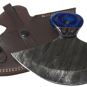 CUSTOM RARE X-Large Size Wood Blue Handle Ulu Knife 8&quot; Damascus Blade w/ Leather Sheath Color Pop Skinner Salmon Hide Hand Forged