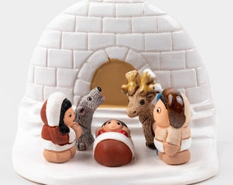 Handmade Unique Unusual Ceramic Colorful Igloo Arctic  Eskimo Wolf Caribou Creche Nativity Small Figure 3.25" across