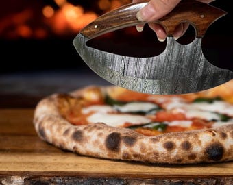 Ergonomic Damascus Ulu Mezzaluna Knife Pizza Cutter Salad Chopper Leather Sheath Hand Forged Kitchen Tool