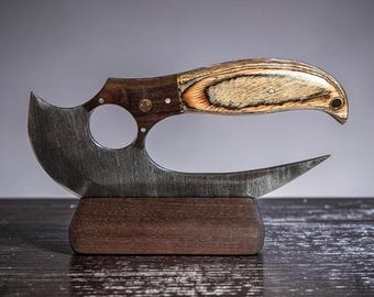 Damascus Steel Ulu Knife  Sheath & Handcrafted  Wood Stand Hand Forged Easy Grip Wood Ergonomical Straight Handle