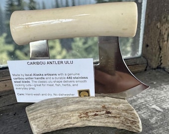 Handmade  Caribou Antler Ulu Knife with antler Stand - Alaskan Craft Story Card