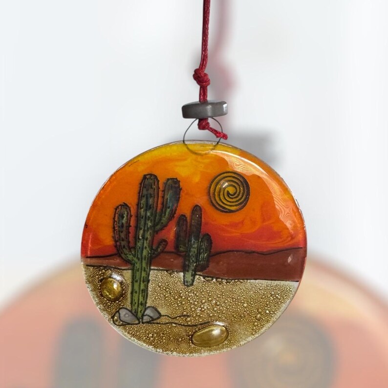 Handmade Fused Glass Disk Ornament Suncatcher Desest Sunset Cactus ...