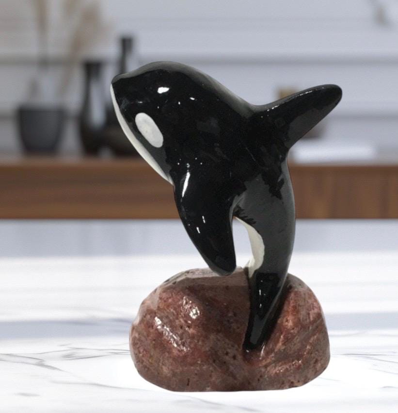 Handmade Polished Marble Standing Killer Whale Painted Orca