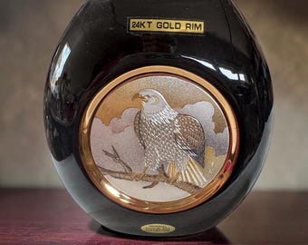 Vintage Chokin Art Perched Bald Eagle 6.5” Oval Vase Black Porcelain NIB