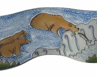 Handmade Fused Glass Wavy Glass Figure Brown bears and Cub Salmon Fishing