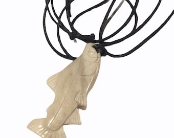 Handmade Made in Alaska Carved Moose Antler Salmon Fish Pendant W/ Leather String