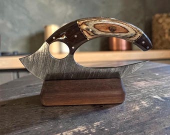 Damascus Steel Ulu Knife  Sheath & Handcrafted  Wood Stand Hand Forged Easy Grip Wood Ergonomical