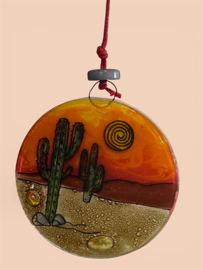 Handmade Fused Glass Disk Ornament Suncatcher Desest Sunset Cactus ...