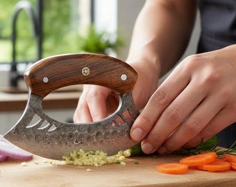 Handmade Wood Ulu Ergonomic Damascus Cut Outs Knife 6”, Sheath American Walnut Wood Block Stand Set Oil Quenched