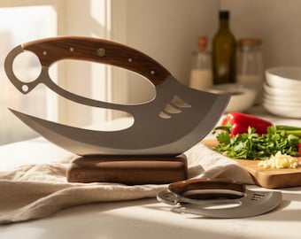 Rare Matching Double SET Ergonomic Stainless Steel Ulu Knife Knife Sheath & Single Walnut Wooden Stand Hand forged. 7.5” and 3.5”