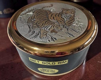 Vintage Chokin Art Tigers 4" Round Box Black Porcelain NIB