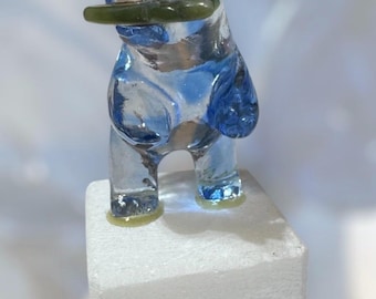 Handmade Glacier Glass  Polar Bear Mounted on Marble Jade Fish In Mouth Figurine