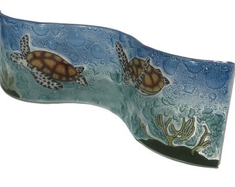 Handmade Fused Glass Wavy Glass Figure Sea Turtles Ocean scene