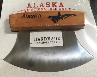 Handmade Made in Alaska Alder Wood Handle Ulu Knife ORCA Whale