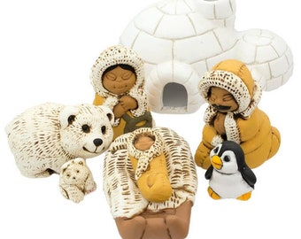 Handmade Unique Unusual Ceramic Eskimo Igloo Polar Bear  Penguin Nativity Set