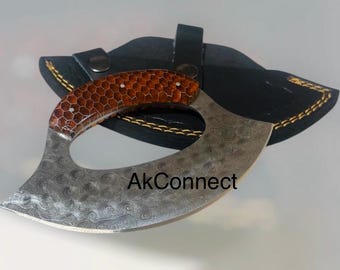 Handmade Honeycomb Resin Ulu Ergonomic Damascus Knife 6” Sheath  Oil Quenched