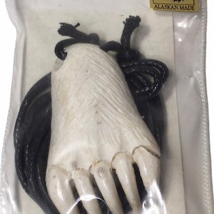 Handmade Made in Alaska Carved Moose Antler Bear Paw Pendant W/ Leather String