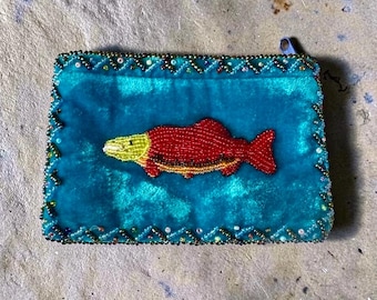 Vintage Handmade Stunning Beaded Velvet Artisan Coin Purse Beaded Salmon Fish -Aqua